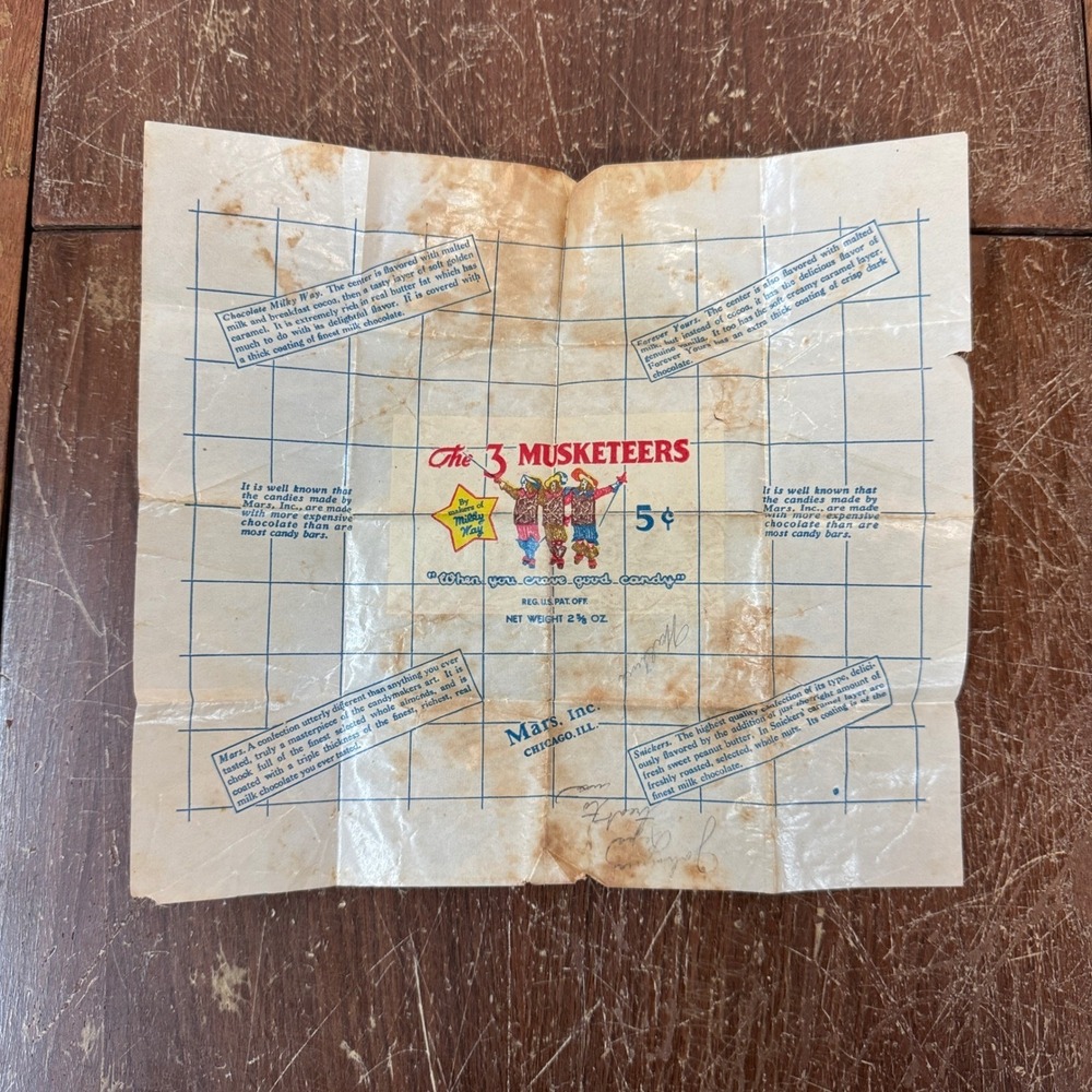 1930s The 3 Musketeers Candy Wrapper Mars‎ Inc Chicago Illinois